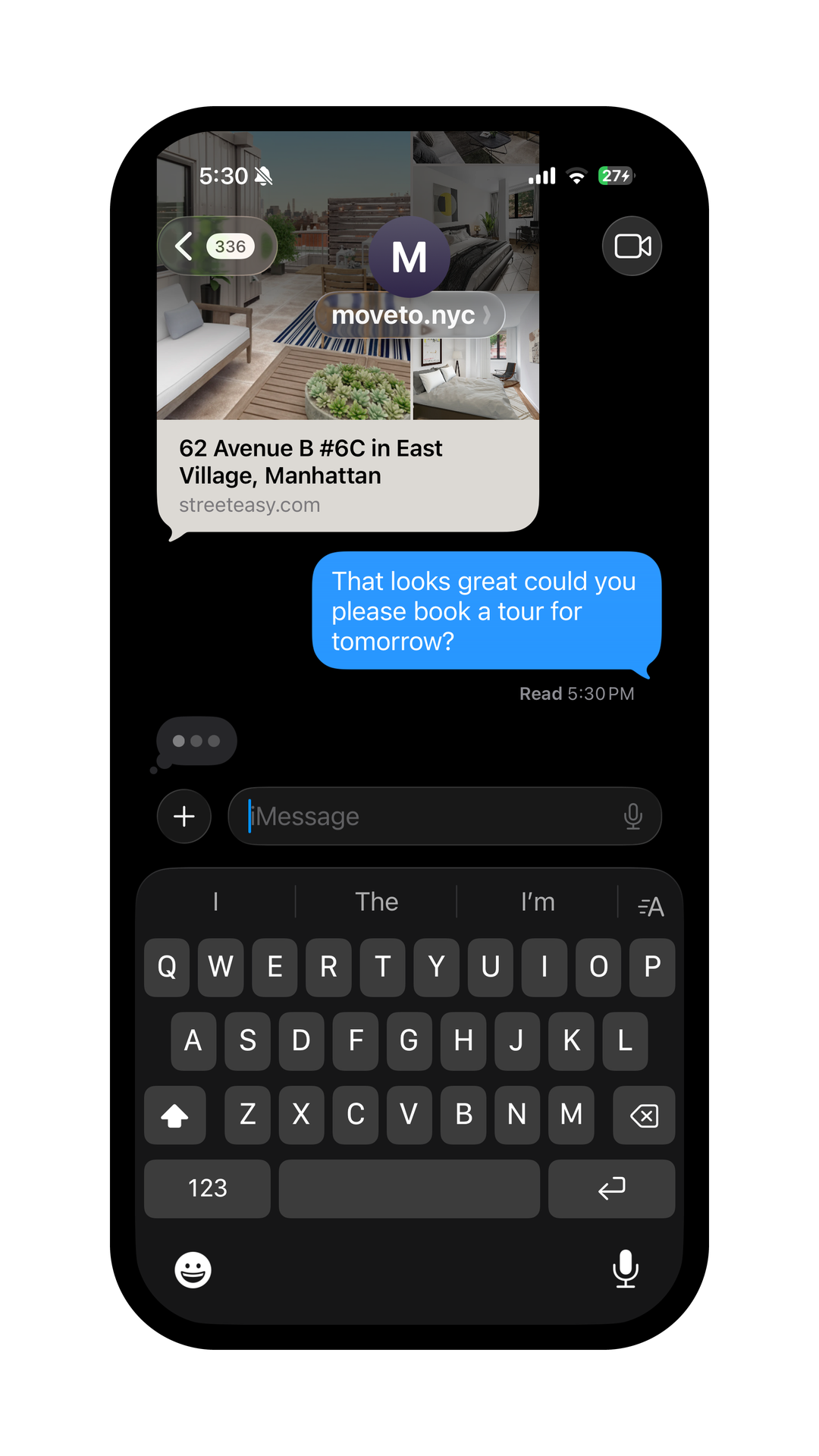 A moveto.nyc text conversation booking an apartment tour